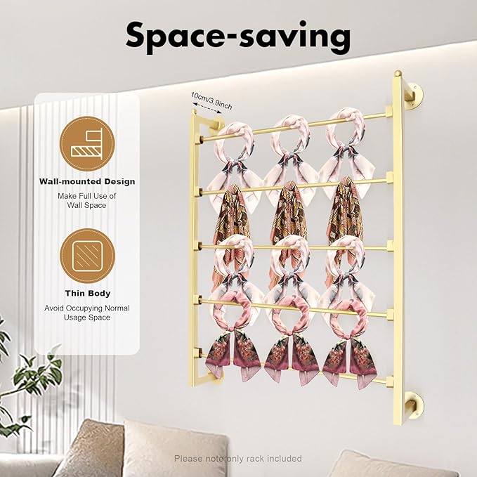 Scarf Organizer Wall Mounted, 5-Tier Scarf Display Rack, Metal Spiral Scarf Holder Belt Pants Hijab Hanger for Clothing Retail Store Home, 23.6" x 3.9" x 29.5"(Gold)