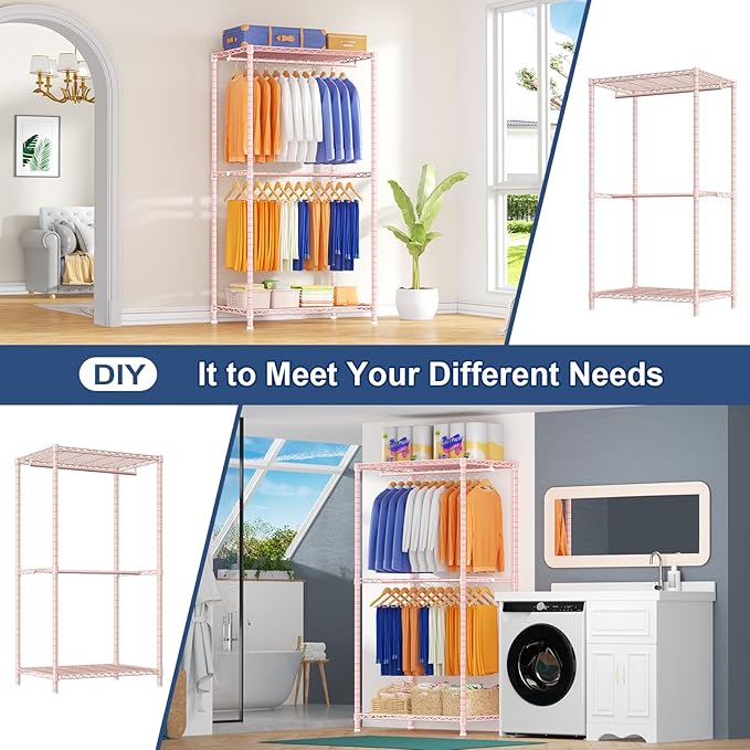 Ulif E12 Pro Clothes Rack，Heavy Duty Freestanding Garment Rack with Shelves，Metal Clothing Closet Storage System for Hanging Clothes，71" W x 16" D x 76.5" H, Hold 960 lbs，Pink