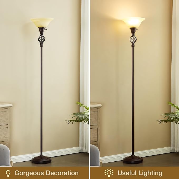 GyroVu Torchiere Floor Lamp for Living Room, LED Standing Reading Light for Bedroom with Glass Shade for Living Room Corner Bedroom Home Office,Bulbs Included (Yellow Lampshade, Glass 1 Head)