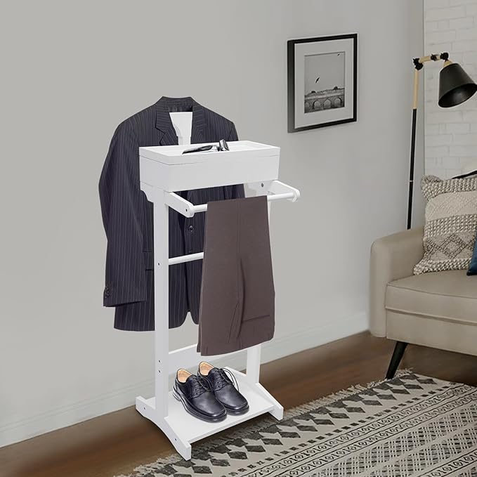 Wood Suit Rack, 22.05Lbs Capacity Freestanding Clothing Valet Stand Floorstanding Valet Stand Clothing Rack Organizer w/Shoe Shelf for Hallways Hotels Office & Shopping Malls (White)