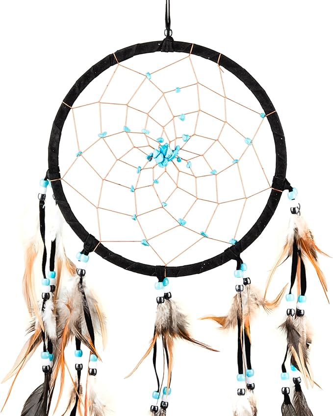 OMA Black Dream Catcher – Large Black Suede Dream Catcher with Turquoise Stones and Feathers, Traditional Dreamcatcher for Bedroom, Living Room, Dorms & Gift, Size - 28” x 9”