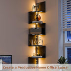 HAAYOT Corner Shelf Wall Mounted: 5-Tier Floating Shelves with Lights for Living Room, Bedroom, Home Office, Black