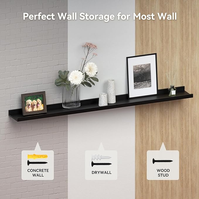 Boswillon 55.1 Inches Long Floating Shelves, 2 Set Modern Wall Shelf for Bedroom, Nursery Book Shelf with Lip, Picture Ledge Shelf for Wall Decor Living Room Bathroom Kitchen - Black