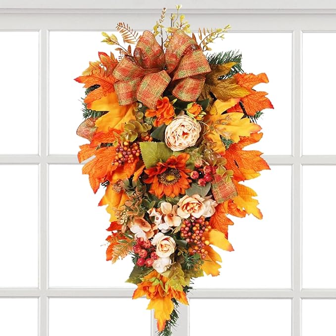 Fall Teardrop Swag - 19.69x12.6 Inches Handmade Flower Maple Berry Wreath for Harvest Festival, Holiday Decorators with Autumn Colors, Artificial Wreath for Apartment, Coffee Shop, Ready to