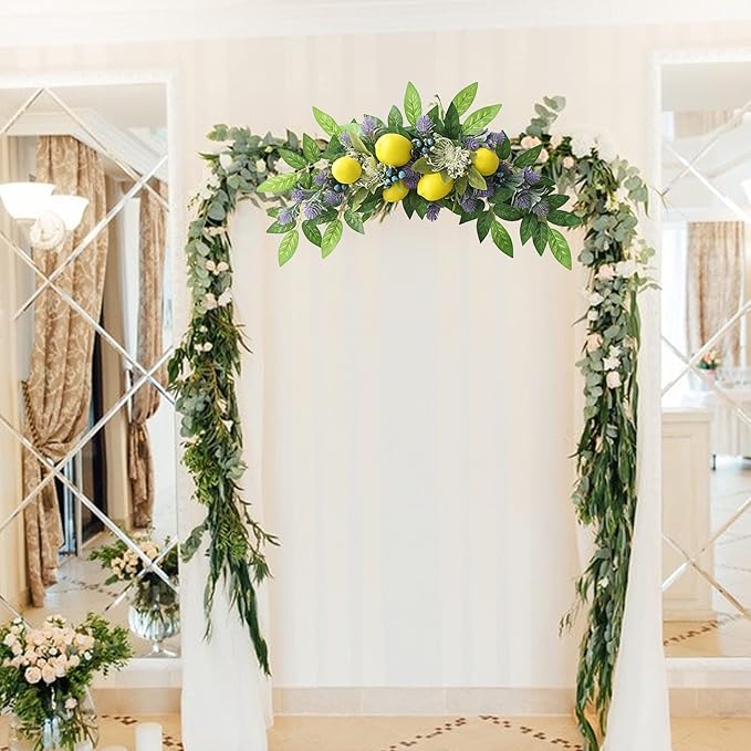 23.6 Inch Artificial Lemon Swag, Decorative Fruit Swag with Lavender, Yellow Lemon & Green Leaves, Spring Summer Floral Swag Door Swag for Front Door Wall Window Wedding Home Decor