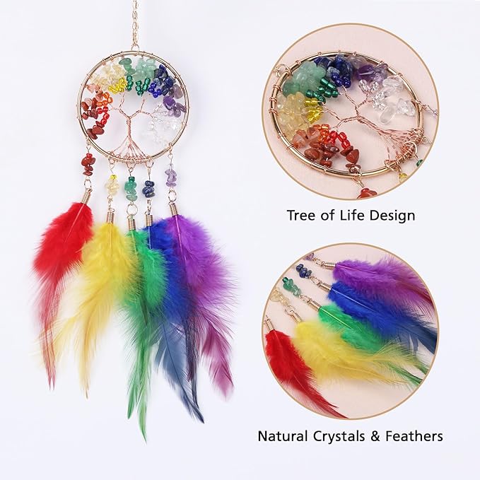 Pretty Jolly Small Tree of Life Crystal Stone Dream Catchers Rainbow Feathers Mini Dreamcatchers for Cars Rear View Mirror Hanging Decoration Good Luck Travel Charm Bedroom Ornaments for Women Girls
