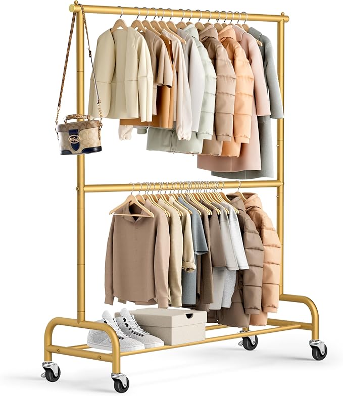 MISSLO Gold Clothing Racks for Hanging Clothes Heavy Duty Clothes Rack Double Garment Rack Metal Rolling Coat Rack Closet Wardrobe Rack on Wheels