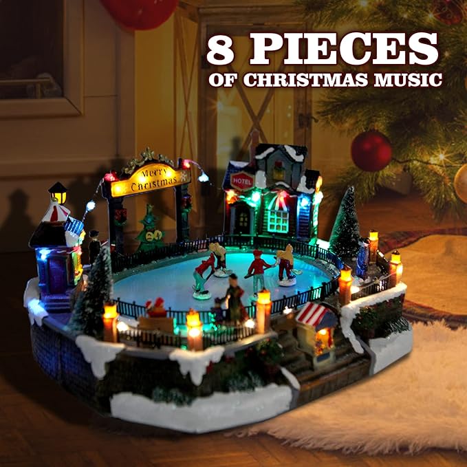 Christmas Village House Figurines Christmas Decor Estatua de la cabaña del Pueblo navideño Christmas Home Decoration Snow Globe Display Skating Pond Animated Multicolor Lighted with 8 Music X-Large