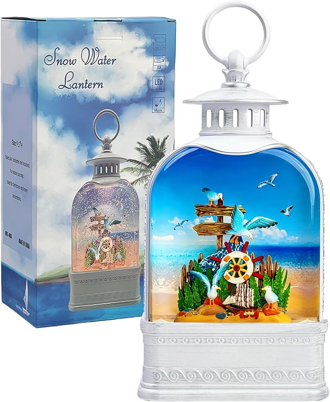 Nautical Theme Snow Globe Lantern with Music - USB or Battery Powered Light Up Water Lantern with Seagull - Swirling Glitter Water Globe for Summer Costal Ocean Decor - Gift for Ocean Lover (Seagull)