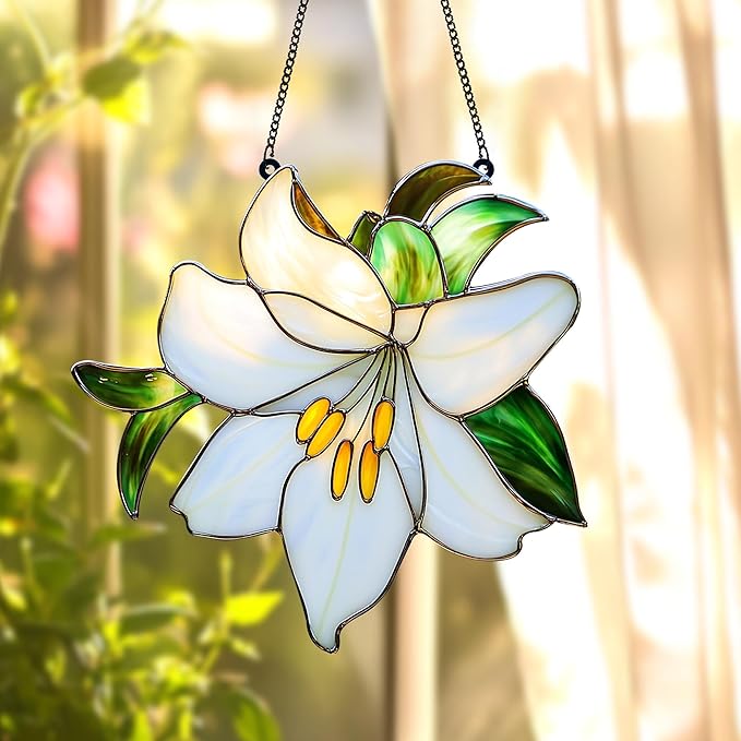 White Lily Flower Acrylic Suncatcher, Flower Suncatchers for Window Hangings, Stained Glass Effect Garden Decor, Gift for Mother's Day, Mom, Grandma, Wife, Women