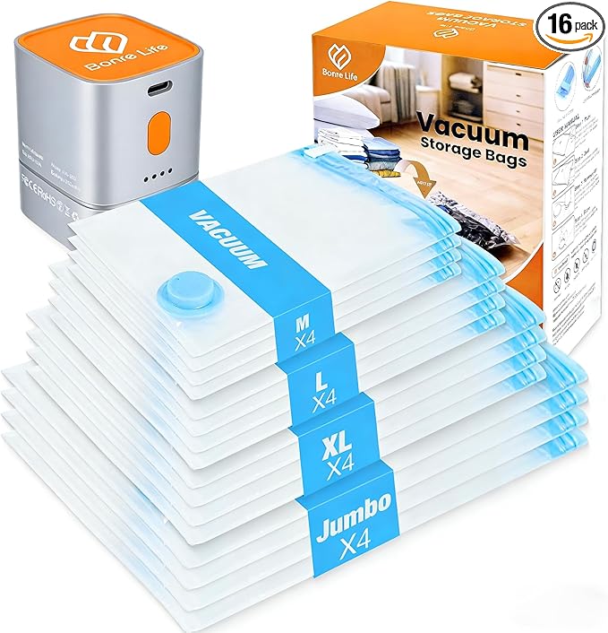 Vacuum Storage Bags with Cordless Pump, 16-Pack Space Saver Vacuum Seal Bags for Blankets, Clothes & Bedding, Reusable Compression Bags in 4 Large Sizes (M–Jumbo), Long-Side Opening