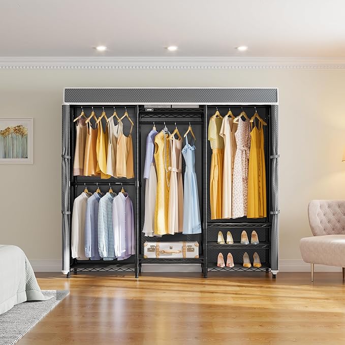 VIPEK V5C Medium Covered Clothes Rack Heavy Duty Portable Closet Wardrobe, Freestanding Black Clothing Rack with Grey Upgarded Polyester Cover, Adjustable Custom Closet Rack, 56.7" Lx15.7 Wx76.4 H