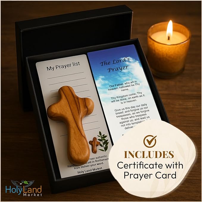 Holy Land Market Olive Wood Crosses - 25 Small 2.5" Pocket Palm Crucifix | Handmade Jerusalem Crosses with Certificates & Lord Prayer Card | Meditation & Prayer Crosses Holy Land Olive Wood Cross x25