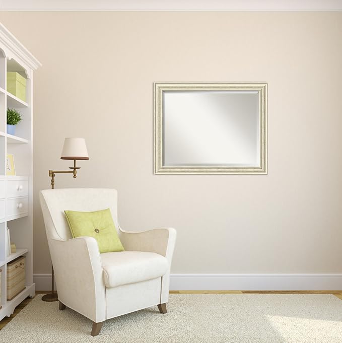 Amanti Art White Wall Mirror 26x32 Country White Wash Rectangle Bathroom Mirror for Wall Decor Living Room, Large Country Rustic Wood Frame, Hangs Horizonally and Vertically, Bathroom Decor, Beveled