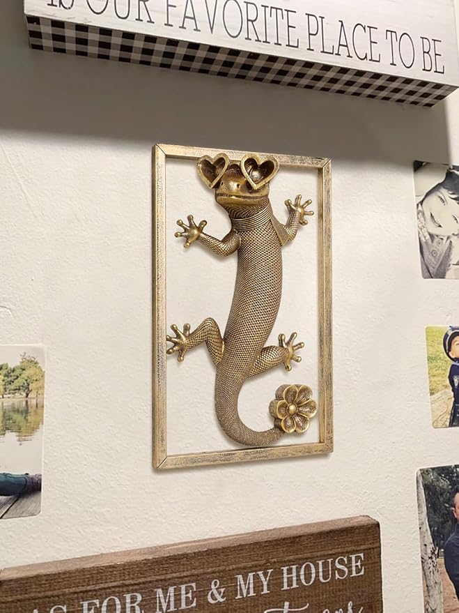 Newinhome Animal Heads Wall Decor (Includes Metal Frame) Resin Animals Sculptures Head Wall Hanging Decoration Gold vintage Wall Sculpture for Living Room Bedroom Office(Lizard)