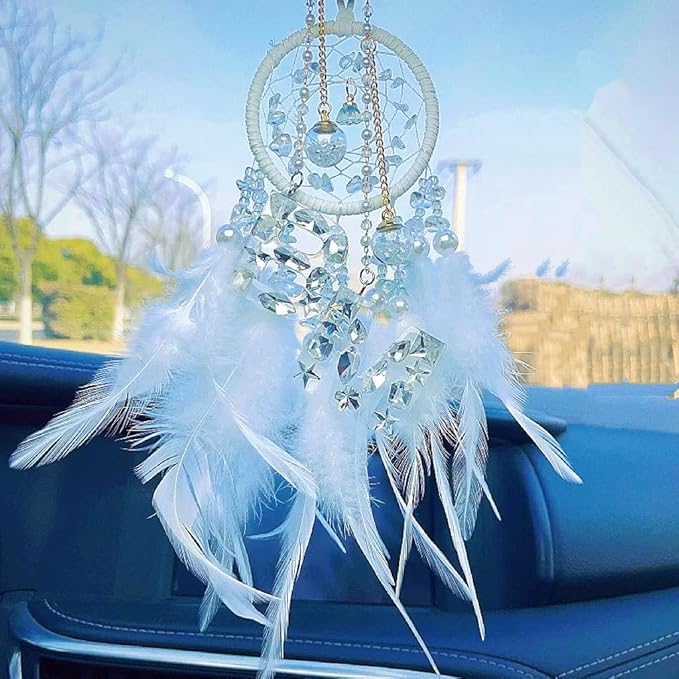 Dream Catcher for car,car Decorations for Women,Feather Dream Catcher Crystal Charm Bling Deco Accessories Hanging Ornaments,Christmas Hanging,Xmas Gift for Girl (White)