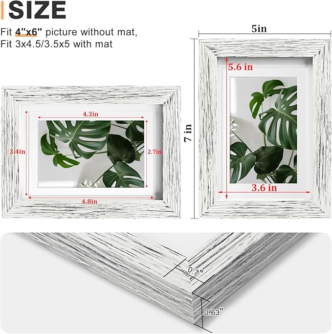 Egofine 4x6 Picture Frames Set of 4, Made of Solid Wood Covered by Plexiglass 3x4.5 and 3.5x5 with Mat or 4x6 without Mat, for Table Top Display and Wall Mounting Photo Frame, Driftwood White