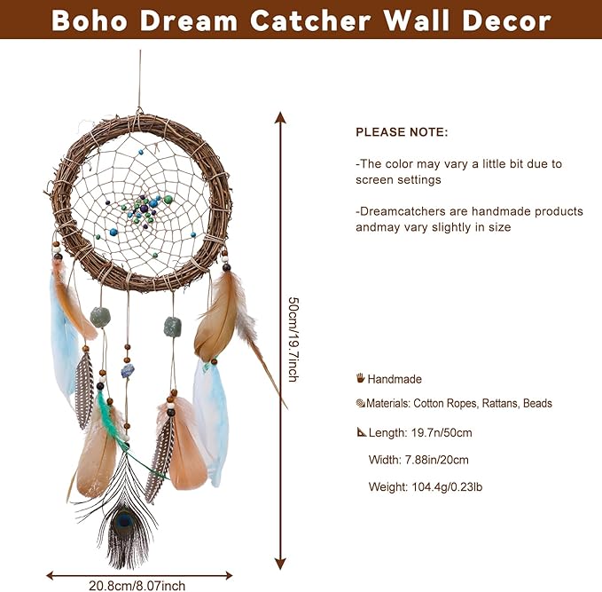 Rattan Dream Catchers with Peacock Feather, Boho Wall Decor Rustic Wooden Native American Wall Art for Bedroom Living Room (Green Blue Mix)