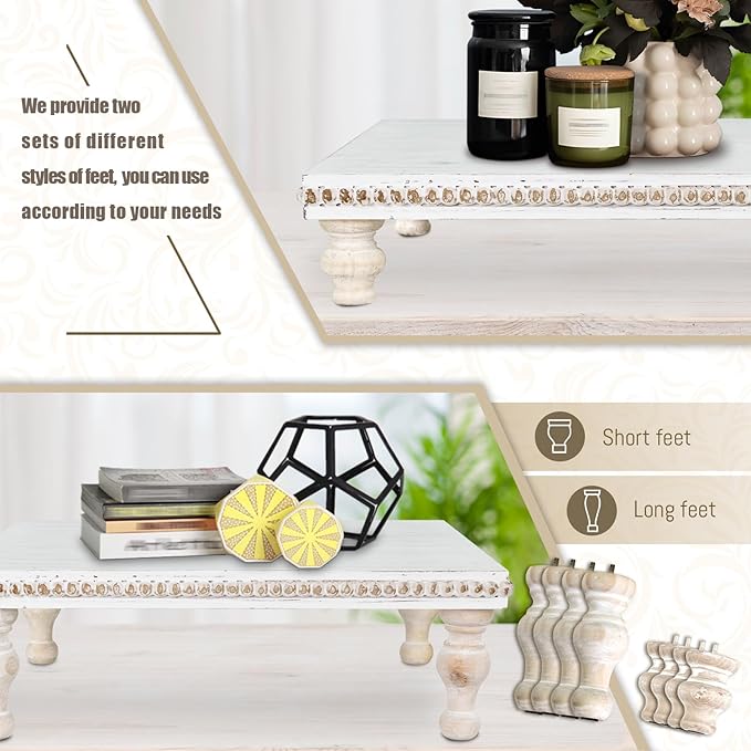 MAONAME Wood Display Risers Decorative Tray, Farmhouse Pedestal Stand for Display Home Decor, Vintage White Beaded Wooden Tray for Kitchen Counter, Short and Tall Footed