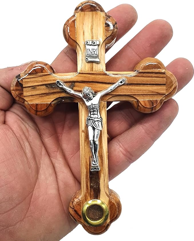 Zuluf 5.5" Wooden Wall Cross with 14 Stations Crucifix and Jerusalem Soil Christian Holy Land Gift from Israel CRS092
