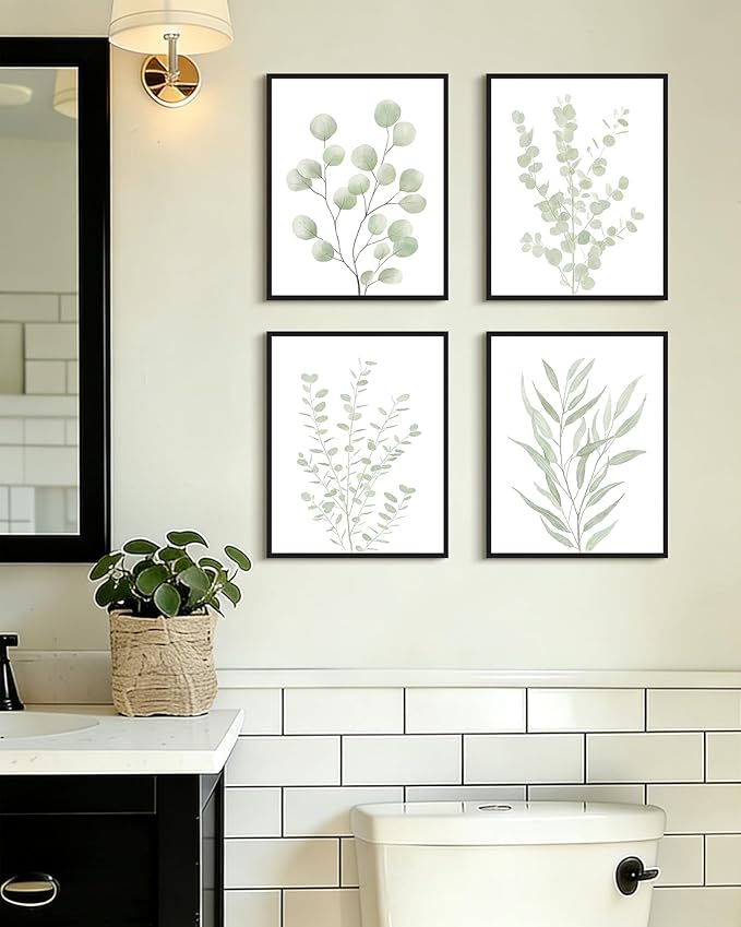 Drsoum Botanical Plant Framed Wall Art Boho Wall Decor for Bathroom Sage Green Eucalyptus Leaf Prints Minimalist Aesthetic Ready to Hang Set of 4, 8x10 in (Black Framed)