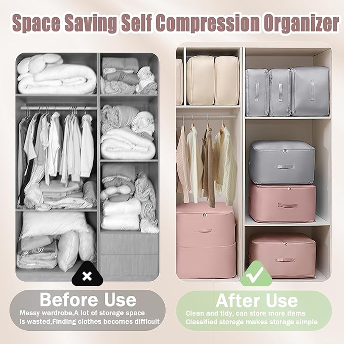 Space Saving Self Compression Organizer, 2025 New Ultra Space Saving Self Compression Organizer, Heavy Duty Moving Bags, Storage Tote for Space Saving (Pink, X-Large)