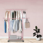 Fishat Portable Pink Double Rods Garment Rack with Rolling Clothes Organizer on Lockable Wheels Mobile for Gilr Women, 48" W x 15" D x 67" H, Metal Simple Hanging Clothes with 2 Hook