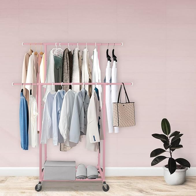 Fishat Portable Pink Double Rods Garment Rack with Rolling Clothes Organizer on Lockable Wheels Mobile for Gilr Women, 48" W x 15" D x 67" H, Metal Simple Hanging Clothes with 2 Hook
