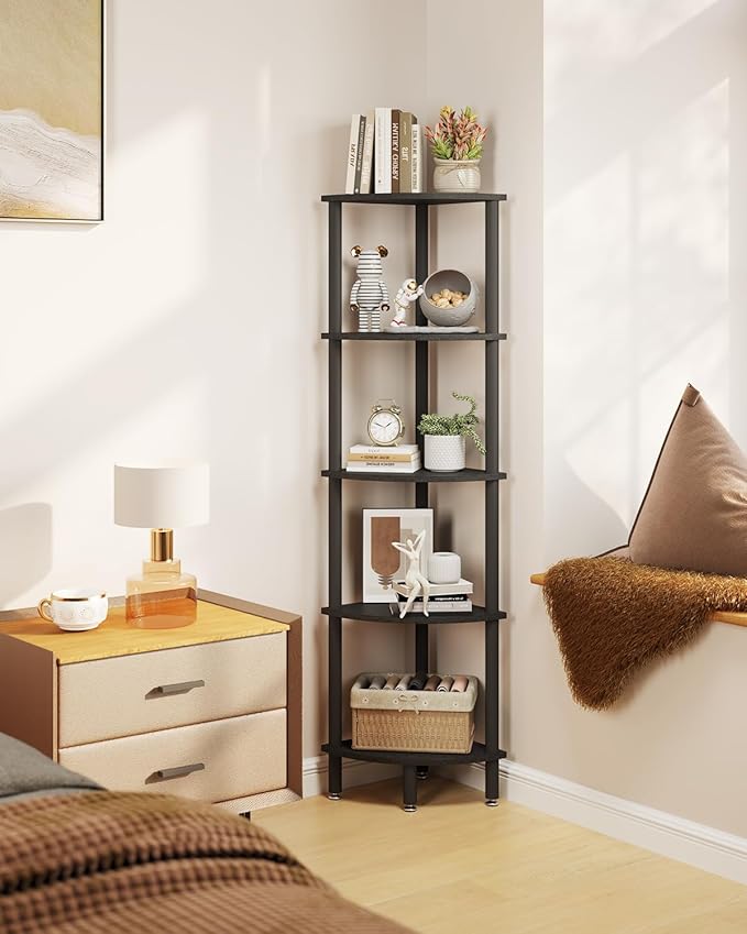 IBUYKE 5 Tier Corner Shelf Stand,Industrial Corner Display Rack,Corner Bookshelf for Living Room, Bedroom, Kitchen, Home Office, Black WBC010B