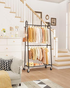 Heavy Duty Clothes Rack, Metal Clothing Rack with Double Hanging Rods, 4 Hooks & Mesh Shelf, Freestanding Garment Rack with Triangular Design for Bedroom Closet, 36.5" x 16.9" x 72.8", Black