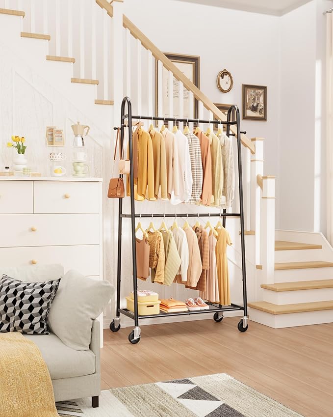Heavy Duty Clothes Rack, Metal Clothing Rack with Double Hanging Rods, 4 Hooks & Mesh Shelf, Freestanding Garment Rack with Triangular Design for Bedroom Closet, 36.5" x 16.9" x 72.8", Black