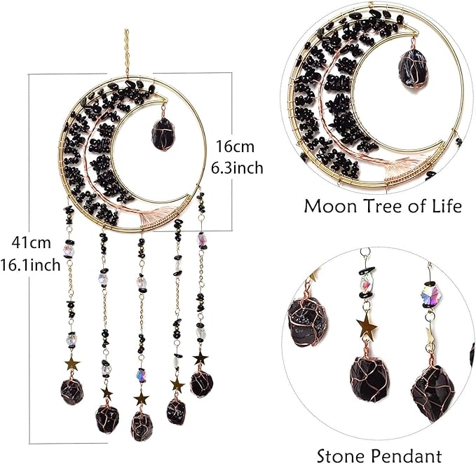 Black Dream Catcher Wall Decor Crystal Tree of Life Dream Catchers with Stone Pendant Handmade Dreamcatcher Wall Hanging Ornament for Bedroom Living Room Home Decor