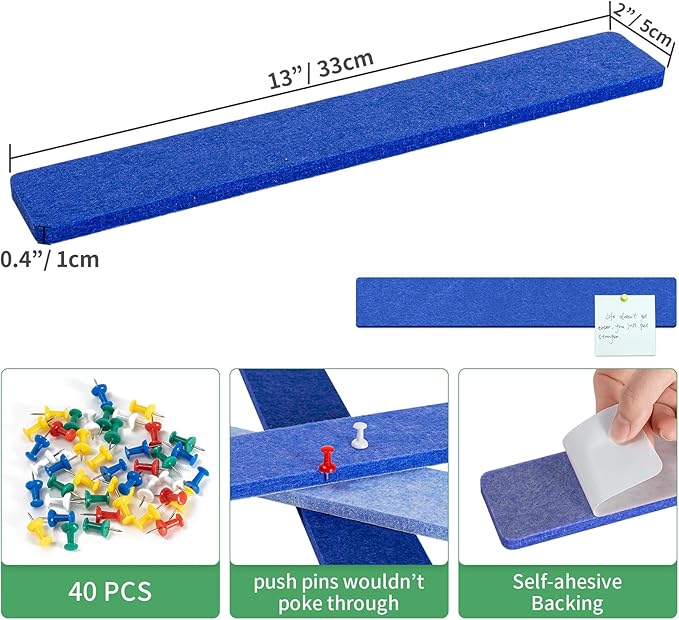 Cork Board for Walls - 8 Pack Felt Pin Board Bar Strips - Self-Adhesive Lightweight Bulletin Board - Cork Board for Office with 40 Push Pins No Damage for Wall