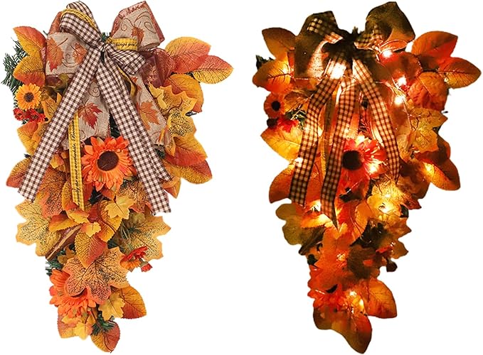 Harvest Teardrop Swag, 20inch Fall Teardrop Swag with Maple Leaves, Bow and Sunflowers, Autumn Decorative Swag Fall Floral Swag for Home Door Wall Decor(Without Light)