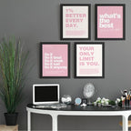 DSHFG Motivational Inspirational Office Wall Art Decor Prints Set of 4, Black Motivational Wall Decor Trendy Retro Posters for Office Home Decor, 12x16 Unframed (Pink)