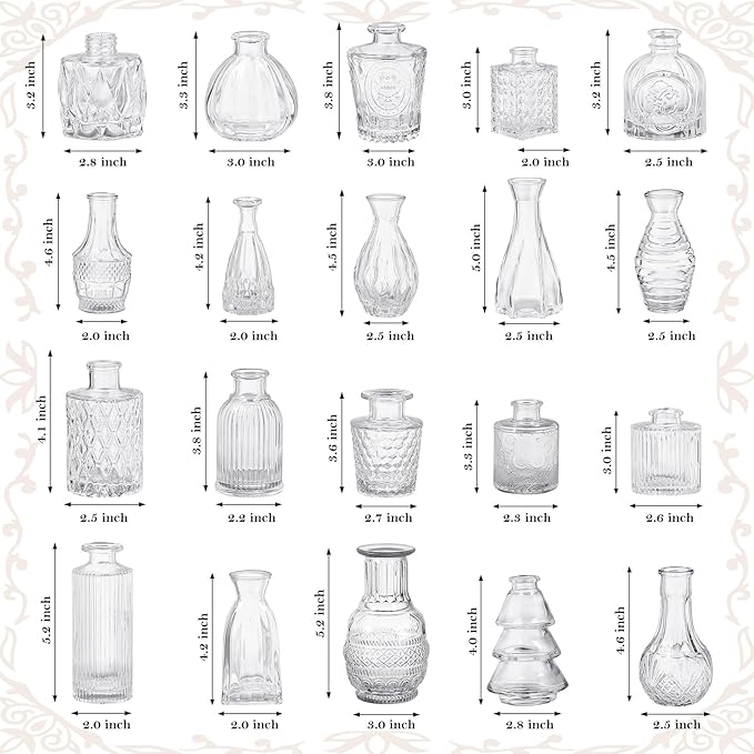 Set of 20 Glass Bud Vases,Small Clear Vases,Wedding Centerpiece Table Decorations,Clear Vintage Embossed Mini Vases,Flower Arrangements in for Party or Home Decor