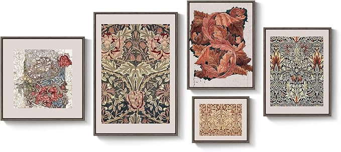 Framed William Morris Gallery Wall Art Set of 5, Vintage Colorful Botanical Floral Prints, Retro Boho Artwork for Living Room, Bedroom, Home Office, Hallway Decor