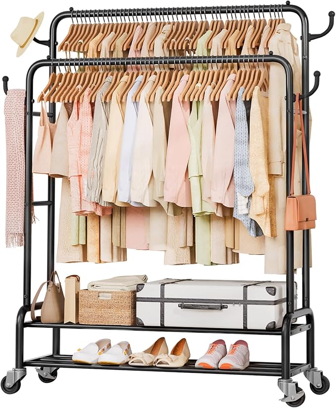 Homde Heavy Duty Clothes Rack: 265lb Rolling Double Rod Garment Hanging - Metal Coat Organizer Storage Display Shelf on Wheels for Bedroom Laundry