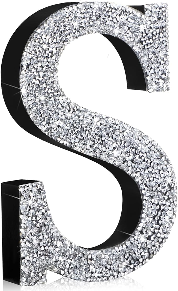 Qunclay 8'' Silver Crystal Diamond Bling Letters Crushed Diamond Decoration Wooden Glitter Letter with Screw and Hooks Rhinestone Gift for Wedding Y2k Mcbling Bedroom Wall Decor (Letter S)