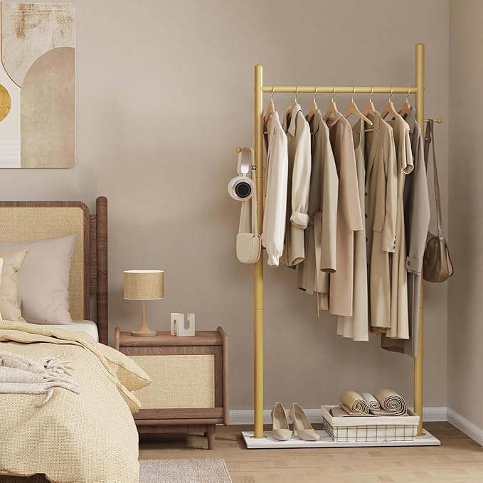 Nianerfaya Coat Hanger Stand with 2 Hooks, Standing Garment Storage for Indoor - Coat Tree for Hanging Clothes for Bedroom - 25.6" Wide Heavy Duty Clothe Rack Metal Clothing Hanger Rack (Gold)