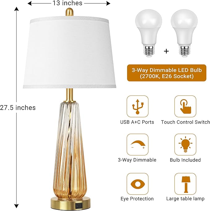 Glass Table Lamps Set of 2, Modern Bedside Lamps for Bedrooms with 3-Way Dimmable Touch Control Nightstand Lamp with White Lampshade USB A+C Ports, 27.5" Large Lamps for Living Room Decor, Champagne