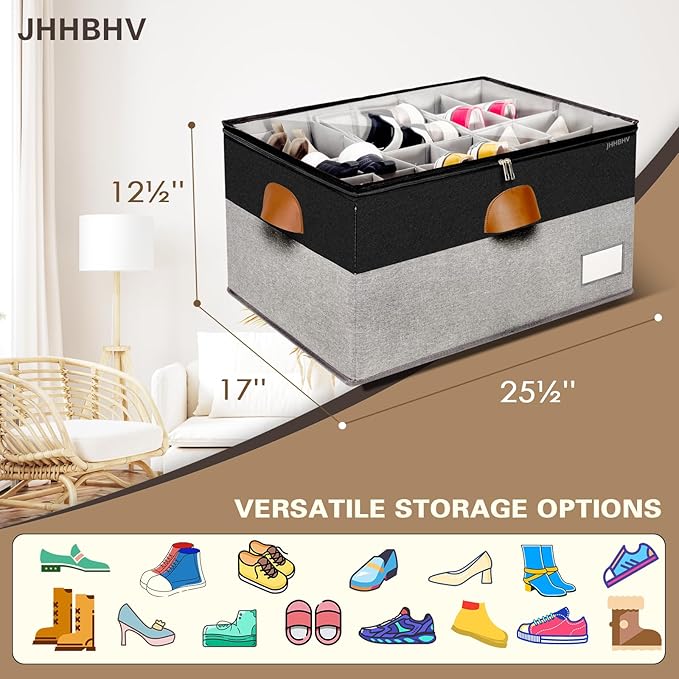 1 Pack Shoe Organizer for Closet, Adjustable Shoe Box Storage Containers, Large Foldable Shoe Bins with Clear Cover, Space Saving Shoes Holder with 4 Handles, Fits 12-24 Pairs, Black