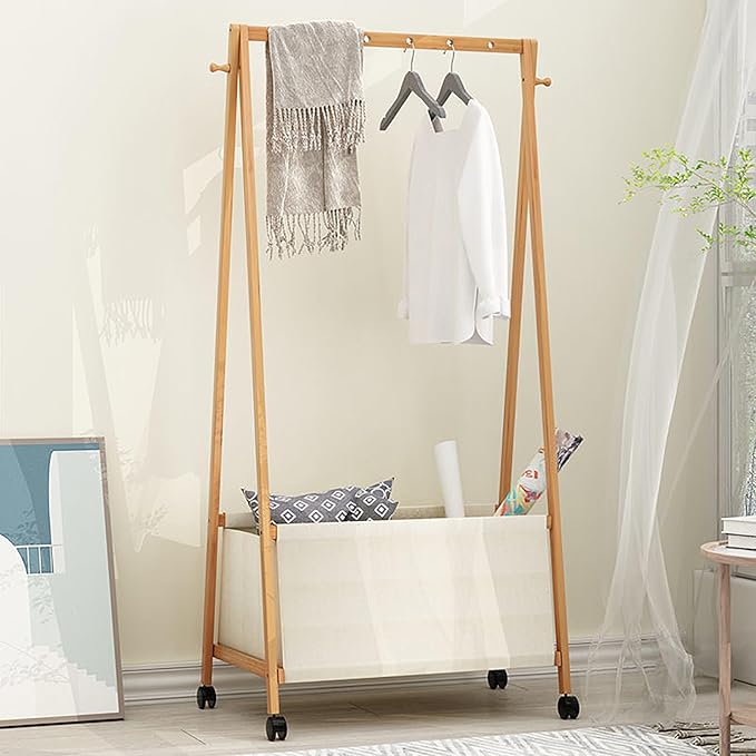 Bamboo Clothing Rack with Top Hanging Garment Rod, 2 Side Hooks & Bottom Fabric Storage Basket and 360° Rotating Wheels, Space-Saving Organizer for toys, Hats, Bags & folded clothes