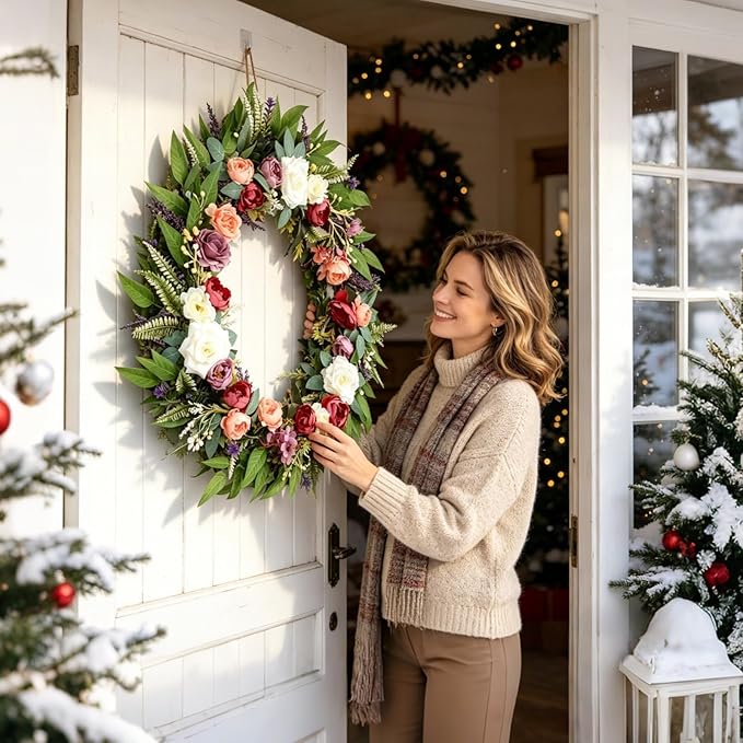 32 Inch Eucalyptus Wreaths with Roses, Hydrangeas, Lavender, Berries, Salal Leaves, Ferns, Dusty Miller, Green Summer Spring Wreaths for Front Door, Large Wreath for Porch Decor