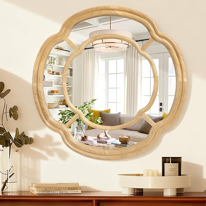 Wall Mounted Mirror, Wooden Round Framed Mirror Large Irregular Wavy Hanging Decorative Mirrors for Living Room Bedroom and Entryway Home 20 Inch Decor