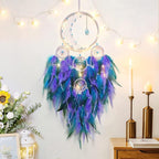 KHOYIME LED Light Up Dream Catcher Half Circle Moon Decor with Lights Handmade Feather Dreamcatchers for Bedroom Bohemian Home Decor Wedding Ornament Craft Gift (Purple&Blue)
