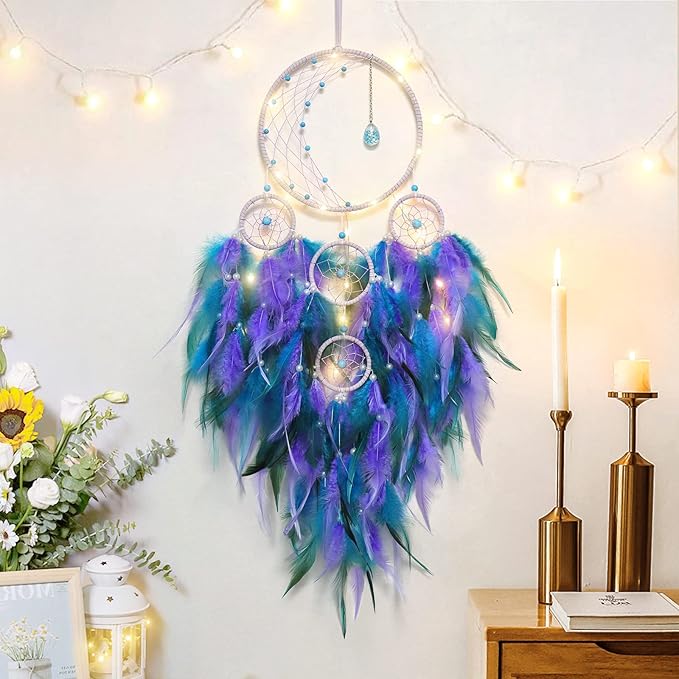 KHOYIME LED Light Up Dream Catcher Half Circle Moon Decor with Lights Handmade Feather Dreamcatchers for Bedroom Bohemian Home Decor Wedding Ornament Craft Gift (Purple&Blue)
