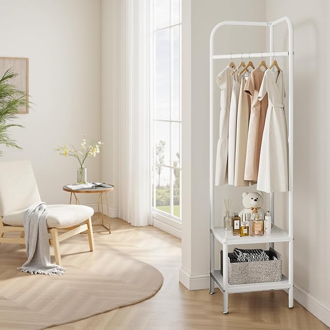 Corner Coat Racks, Heavy Duty Clothing Rack, Freestanding Garment Rack, Metal Clothes Racks Shoes Shelf Organizer for Entryway Bedroom, White