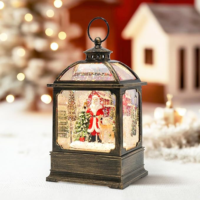Christmas Snow Globe Lantern with Santa 8 Music Songs & 6H Timer Water Snow Globe Lantern USB & Battery Operated for Christmas Festival Decorations Gifts (Santa)