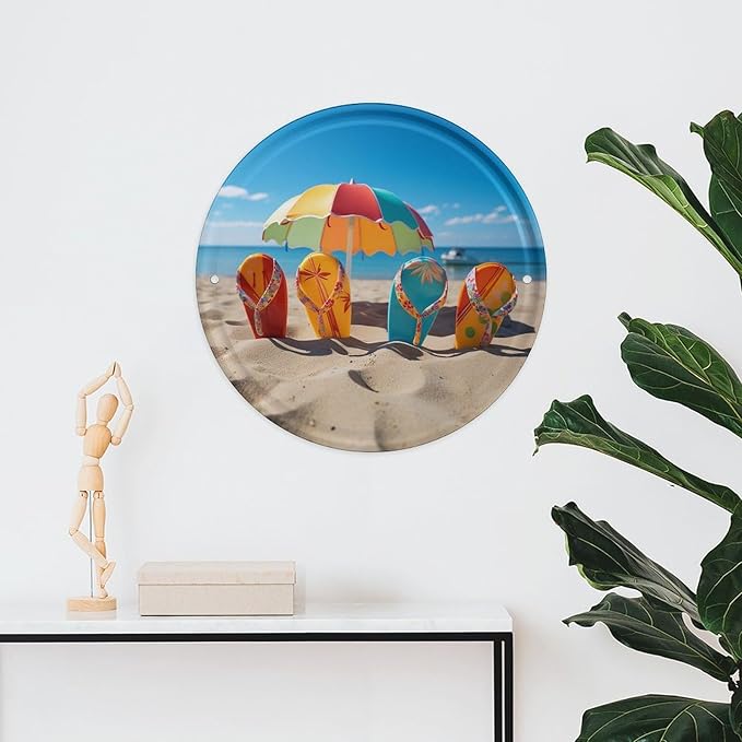 Wall Picture, with Colorful Flip Flops Beach Ball Printed Circular Iron Hanging Picture,Wall Art Decor,Home for Bedroom Living Room Bathroom Decor,Iron Painting 11.8X11.8 in